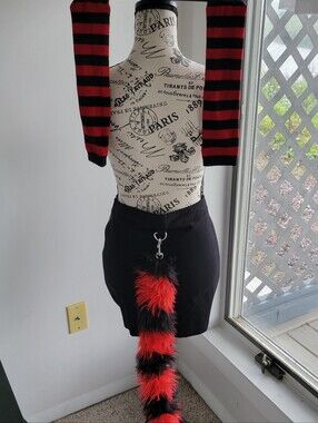 Widow Scene Queen  Mini Skirt & Arm Warmer Set W Red & Black Stripe Tail Sz S